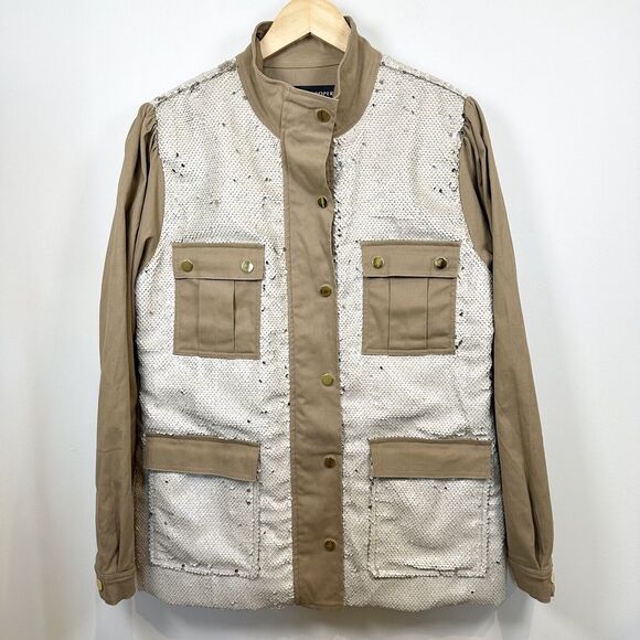 Boston Proper Jacket Women’s Large Beige Sequin Embellished Puff Sleeve Utility - Picture 1 of 16